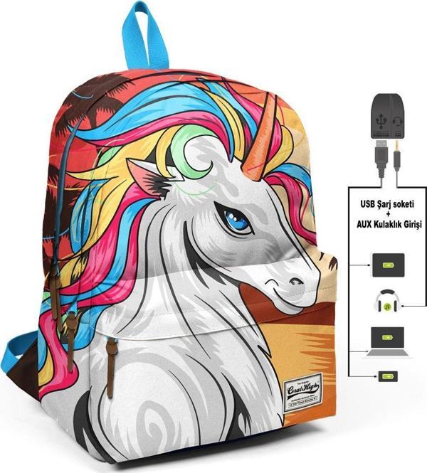 Coral High Üç Bölmeli Büyük Unicorn Okul ve Günlük Sırt Çantası - USB+AUX - Image 1