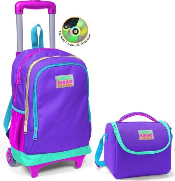 Coral High Mor Çekçek Okul Çantası ve Beslenme Seti - Işıklı Tekerlekler - Kız Çocuk - Image 1
