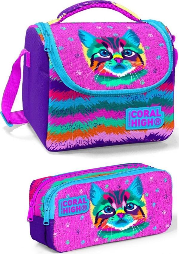 Coral High Mor Kedi Kız Çocuk Beslenme Çantası Seti - Image 1