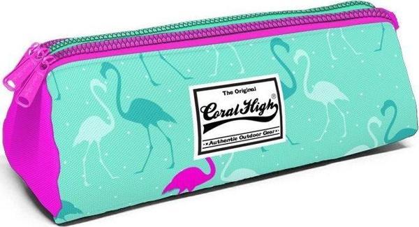 Coral High Üç Gözlü Yeşil Pembe Flamingo Kalem Çantası - Kalın Fermuarlı - Kız Çocuk - Image 1