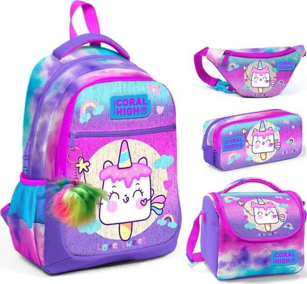 Coral High Mor Pembe Dondurma Üçlü Okul Çantası ve Bel Çantası Seti  - Kız Çocuk - Image 1