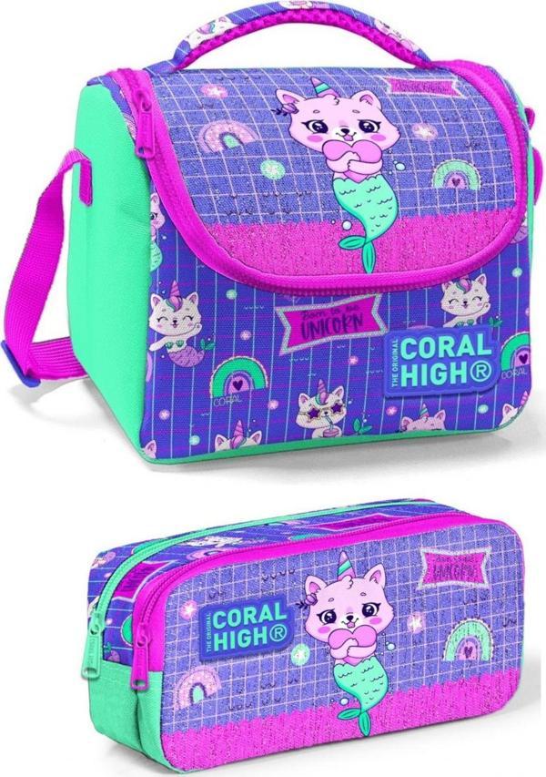 Coral High Yeşil Mavi Unicorn Kız Çocuk Beslenme Çantası Seti - Image 1