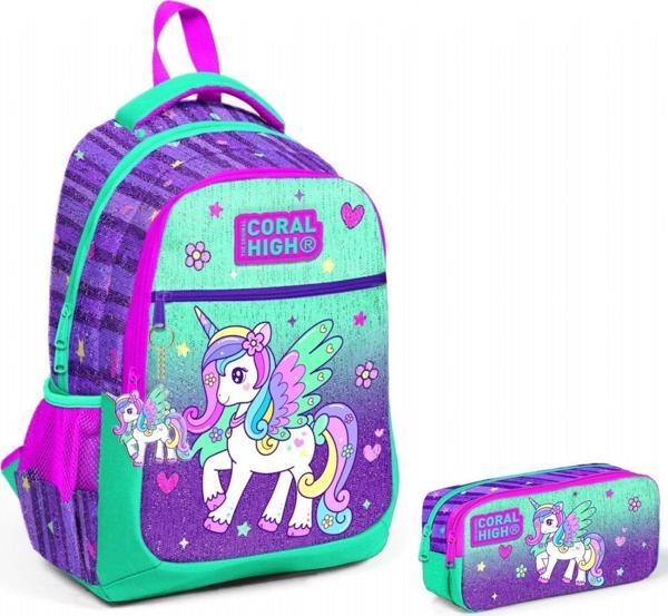 Coral High Yeşil Mor Pegasus İlkokul Okul Sırt Çantası ve Kalemlik Seti - Image 1