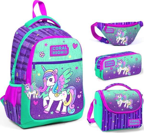 Coral High Yeşil Mor Pegasus Üçlü Okul Çantası ve Bel Çantası Seti - Kız Çocuk - Image 1