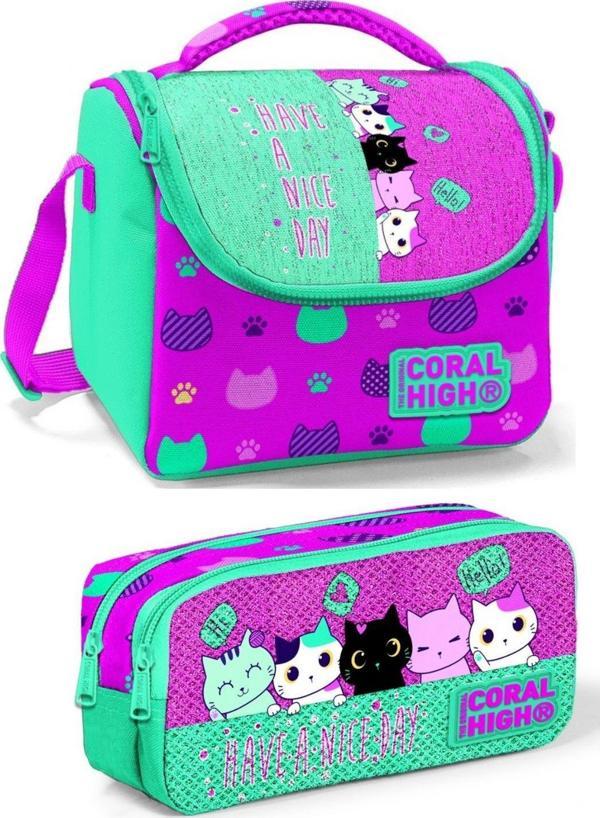 Coral High Yeşil Pembe Kedi Kız Çocuk Beslenme Çantası Seti - Image 1