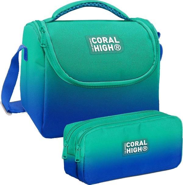 Coral High Yeşil Saks Renk Geçişli Desenli Erkek Çocuk Isı Yalıtımlı Beslenme Çantası ve Kalemlik Seti - Image 1