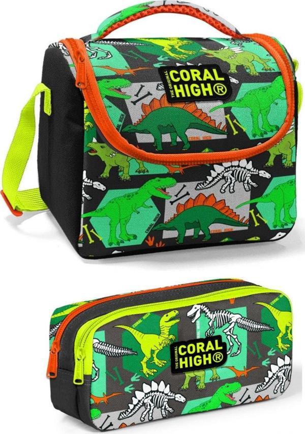 Coral High Yeşil Siyah Dinazor Erkek Çocuk Beslenme Çantası Seti - Image 1
