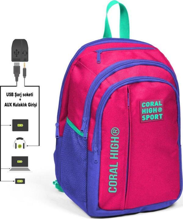 Coral High Sport Beş Gözlü Pembe Okul ve Günlük Sırt Çantası - Laptop+Tablet Bölmeli - Image 1