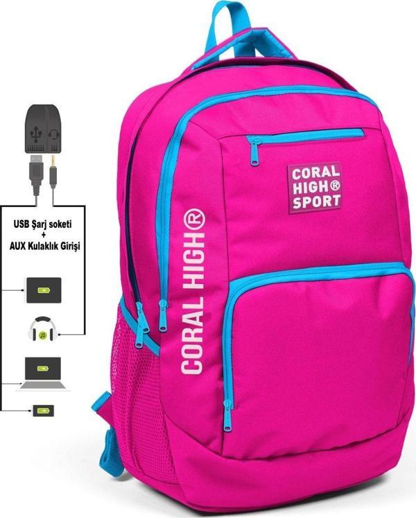 Coral High Sport Pembe-Mavi Laptop Bölmeli Sırt Çantası - USB Çıkışlı - Image 1