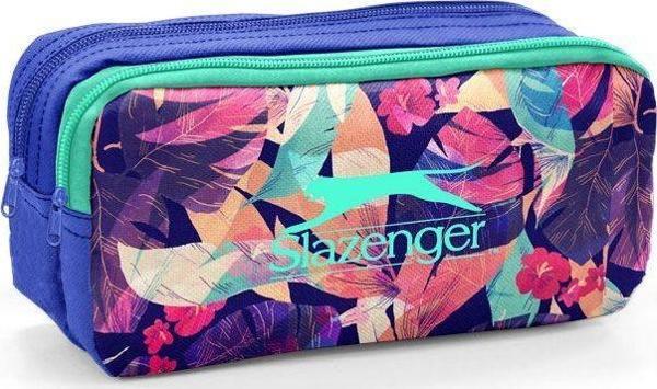 Slazenger 12027 Mavi-Yeşil Yaprak Desenli Kız Çocuk Kalemlik - İki Bölmeli - Image 1