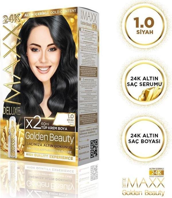 MAXX DELUXE Golden 24K Altın Içerikli Saç Boyası 1.0 Siyah 2 Boyama - Image 1