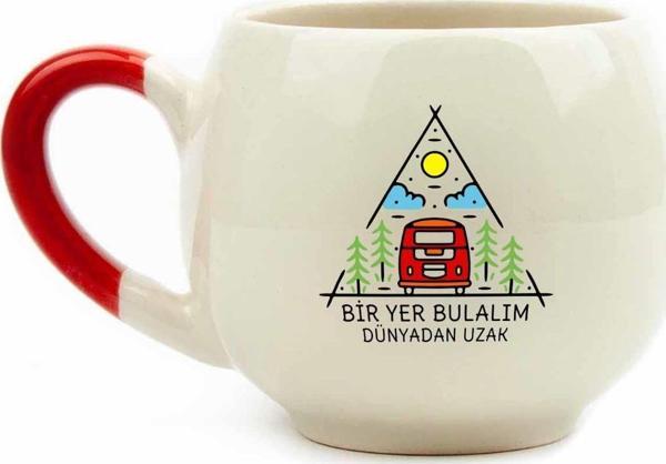 Bir Yer Bulalım Dünyadan Uzak Krem Parlak Balon Kupa (Kırmızı Kulp) - Hediye Seramik Kupa - Image 1