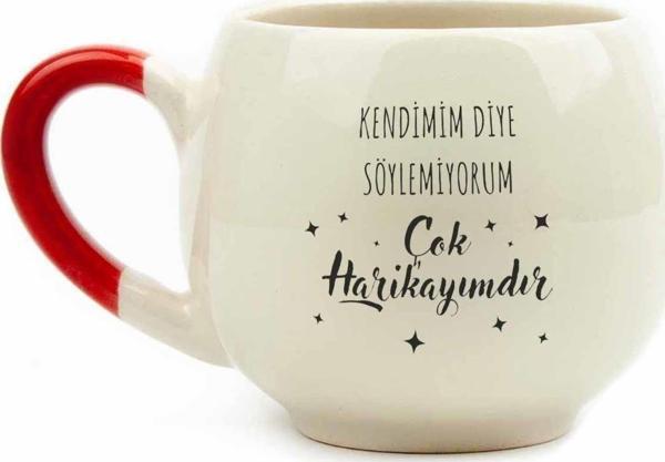Çok Harikayımdır Krem Parlak Balon Kupa (Kırmızı Kulp) - Hediye Seramik Kupa - Image 1