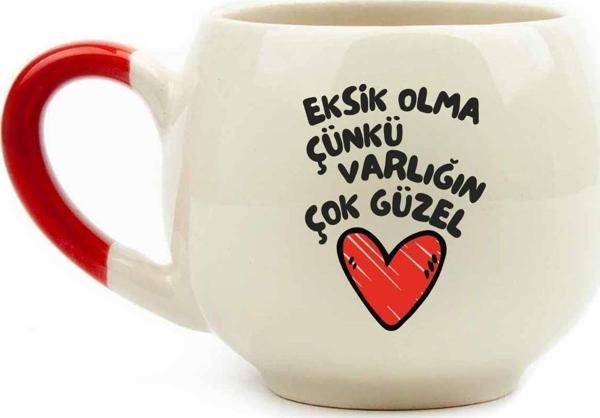 Eksik Olma Çünkü Varlığın Çok Güzel Krem Parlak Balon Kupa (Kırmızı Kulp) - Hediye Seramik Kupa - Image 1