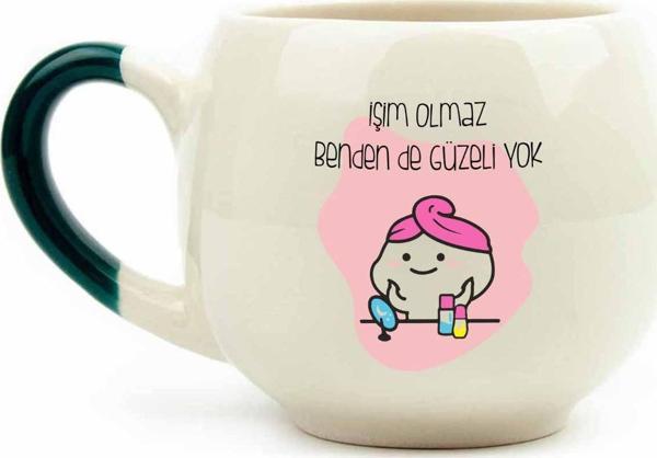 İşim Olmaz Benden De Güzeli Yok Krem Parlak Balon Kupa (Yeşil Kulp) - Hediye Seramik Kupa - Image 1