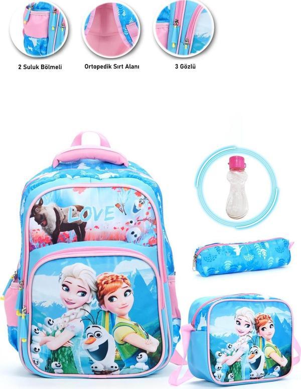 Mavi Love Elsa Anna Okul Çantası + Beslenme + Kalemlik + Suluk Frozen Sırt Çantası Atcık Çanta - Image 1