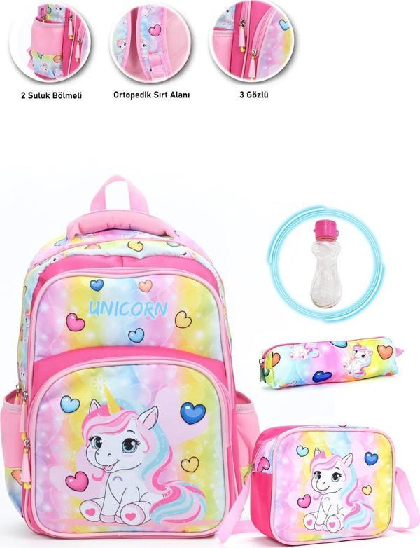 Soft Unicorn Okul Çantası + Beslenme + Kalemlik + Suluk Kız Sırt Çantası Atcık Çanta - Image 1