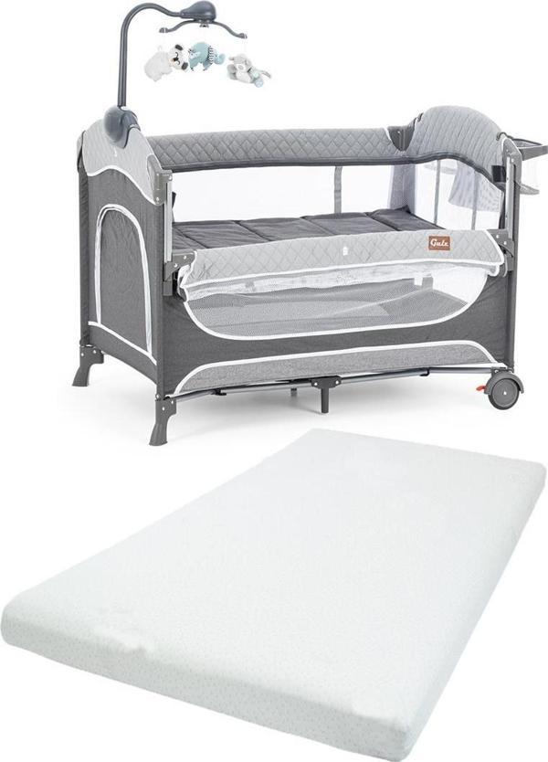 Gulz Atlas Plus Anne Yanı Sallanır Cibinlikli Dönenceli Oyun Parkı Bebek Beşik 70X110 Cm + Pamuk Yataklı Dark Grey - Image 1