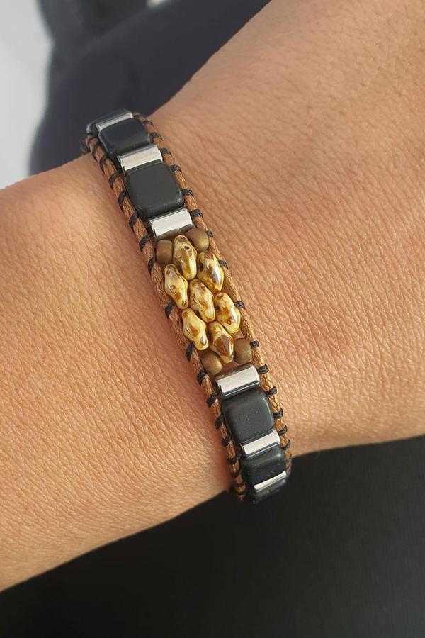 Akik  Ve Hematit Taşlı El.İşi Tasarım Doğal Taş Ayarlanabilir Bileklik - Image 1