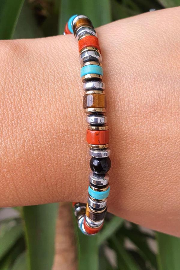 Akik Turkuaz Kaplan Gözü Ve Hematit Taşlı Tasarım Doğal Taş Bileklik - Image 1