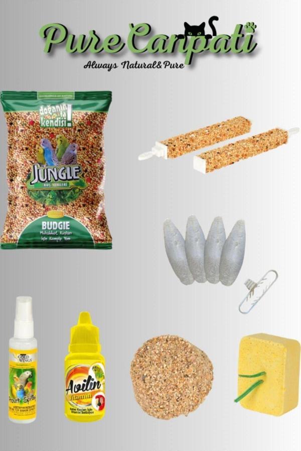 PureCanpati Muhabbet Kuş Kraker,Mineral Blok,Yem,Tüy Bakım,Enerji Blok ve Vitamin Seti - Image 1