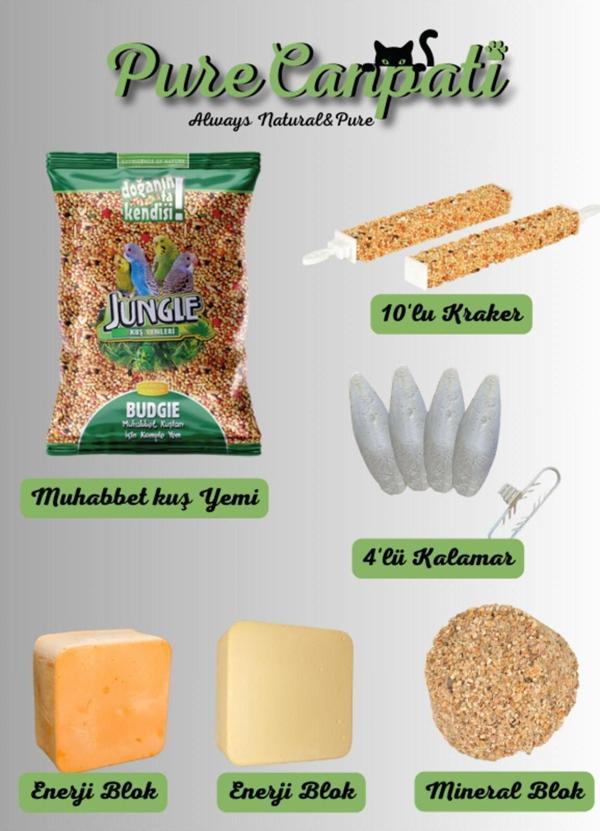 PureCanpati Muhabbet Kuşu Seti (Yem 500 GR,Kraker,Kalamar Kemiği,Enerji Blok,Mineral Blok) - Image 1