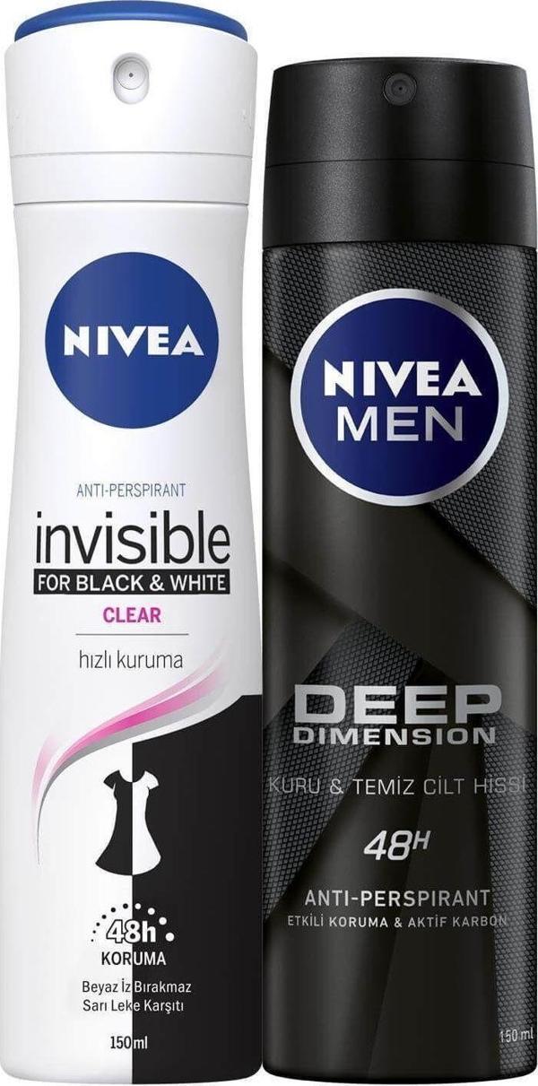 Nivea Black & White Clear Kadın Deodorant Sprey 150 ml+Deep Dimension Erkek Deodorant 150 ml 2'Li Paket - Image 1