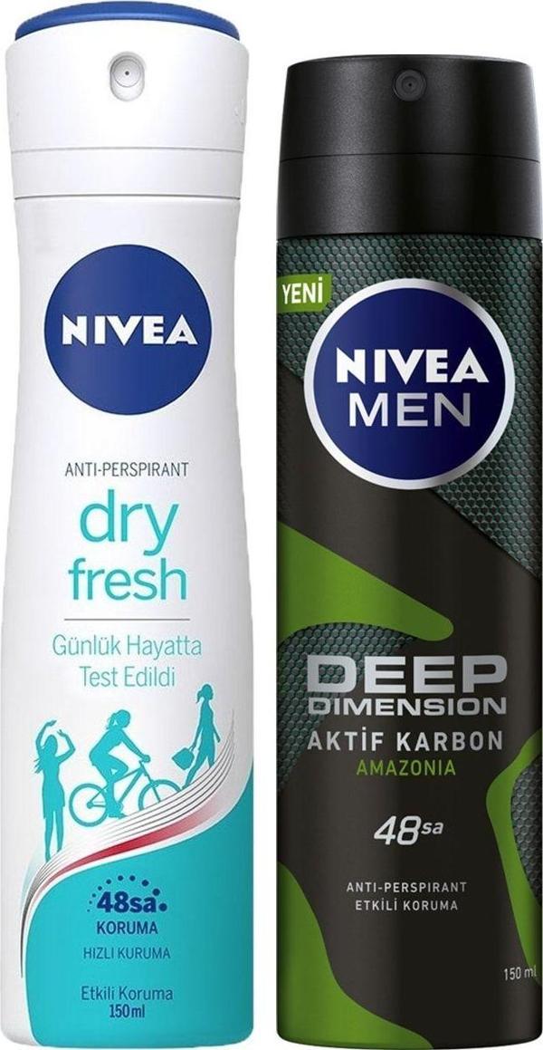 Nivea Kadın Deosprey 150 ml +Deep Dimension Amazonia Erkek Deosprey 150 ml 2'Li Paket - Image 1