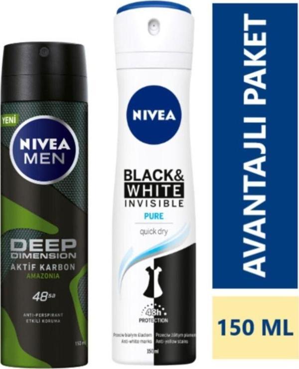 Nivea Men Deep Dimension Amazonia Sprey 150 ml + Black & White Invısıble Pure Sprey 150 ml - Image 1