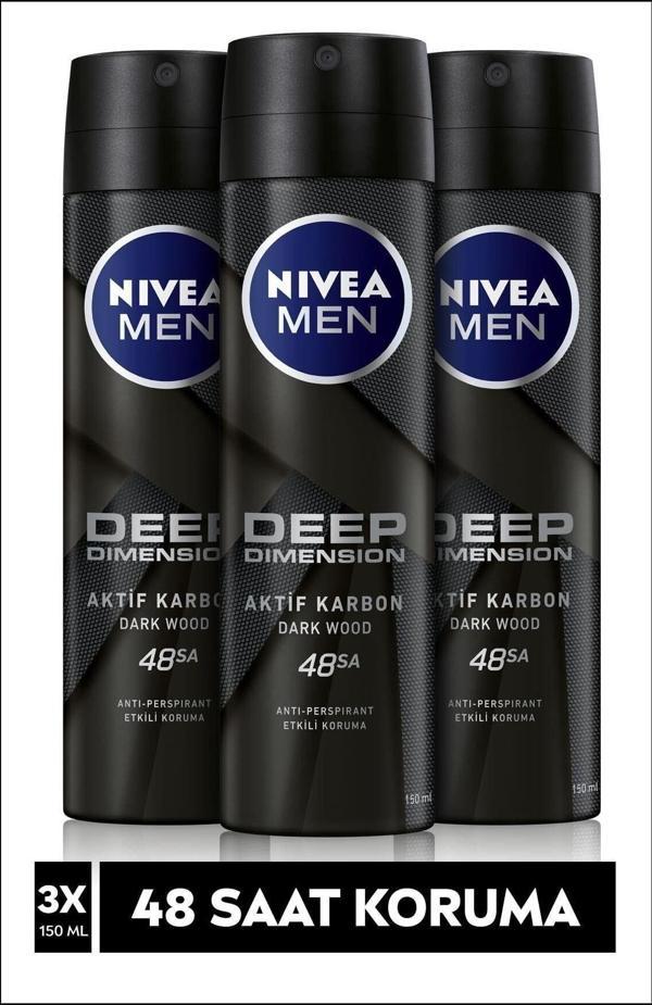 Nivea Men Erkek Sprey Deodorant Deep Dimension 150 ml X3 Adet - 48 Saat Anti-Perspirant Koruma - Image 1