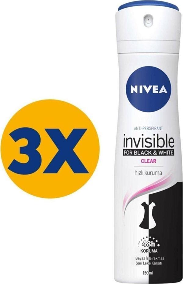 Nivea Woman Anti-Perspirant Black & White Invisible Clear 48H Hızlı Kuruma Kadın Deodorant X 3 Adet - Image 1