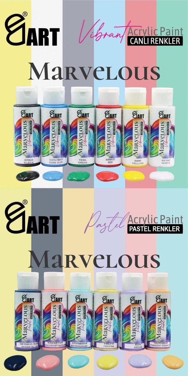 E&D Art Marvelous 12x60ml Akrilik Boya Canlı + Pastel Renkler Set - Image 1