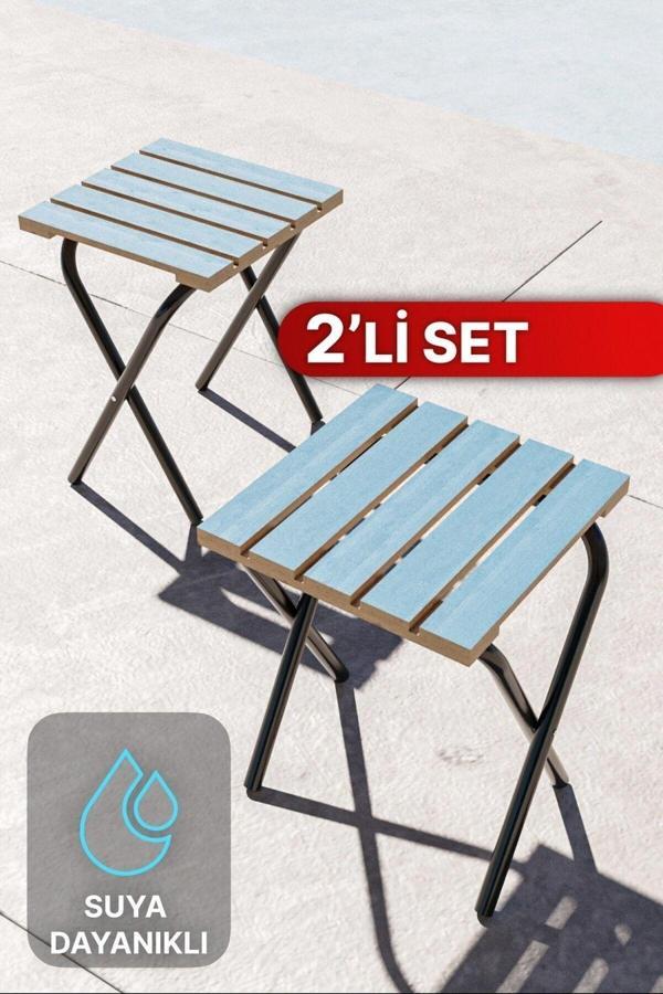 Bino Kamp Ve Bahçe Taburesi Sandalye 2Li Set Suya Dayanıklı Şık Ahşap Tasarım Mavi Kamp Taburesi - Image 1