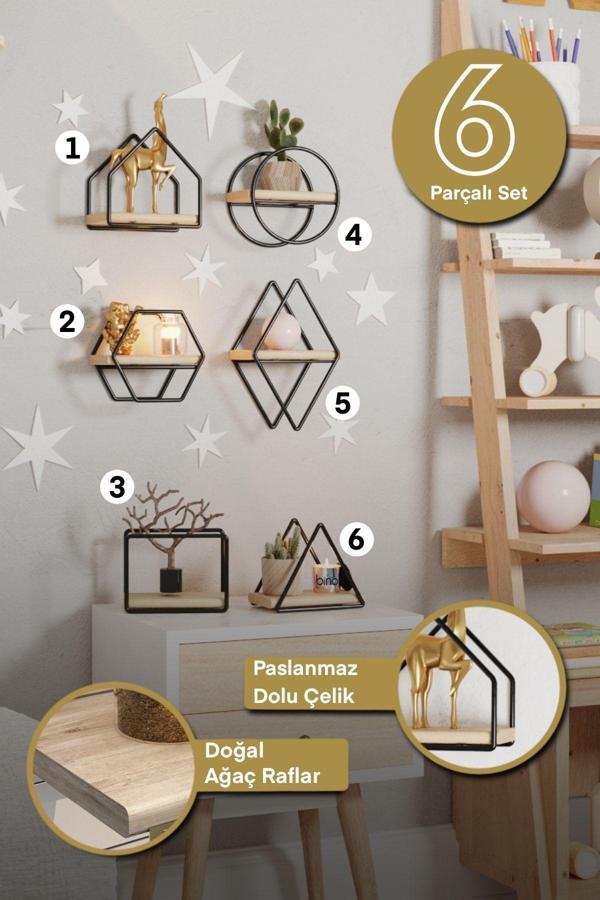 Bino Montessori Kitaplık Bebek Çocuk Odası Duvar Rafı Ahşap Minyatür Oyuncak Odası Raf 6'Lı Set - Image 1
