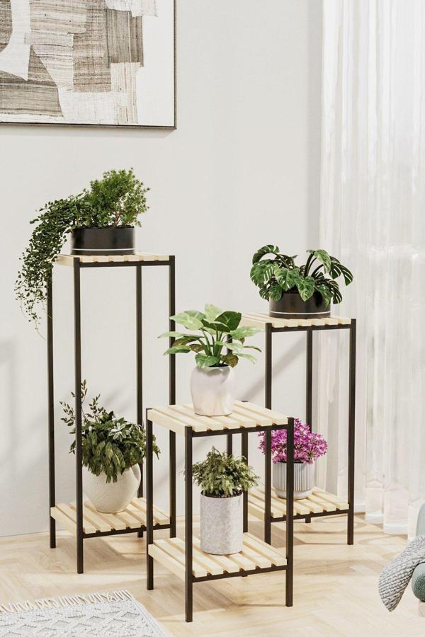 Bino Saksılık 3 Lü Set Ahşap Çiçeklik Dekoratif Lüks Bahçe Mobilyası Saksı Standı Bahçe Balkon Rafı - Image 1
