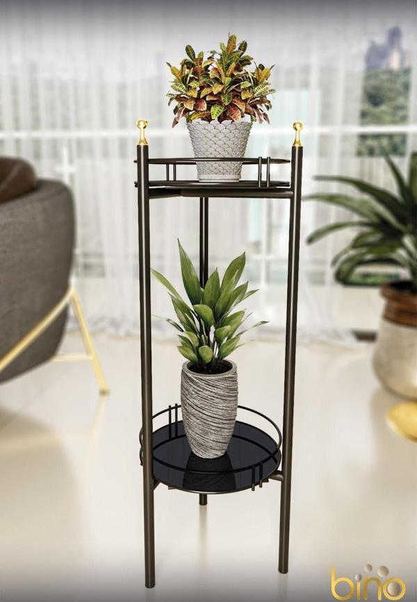 Bino Saksılık Organizer Bahçe Balkon Standı Çiçeklik Dekoratif Lüks Metal 2 Katlı Servis Sunum Tepsi - Image 1