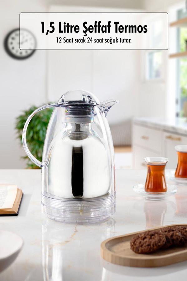 1.5 LT Isı Yalıtımlı Çay Ve Soğuk Su Termosu Füme (12 Saat Sıcak Tutar& İçi Camdır) - Image 1