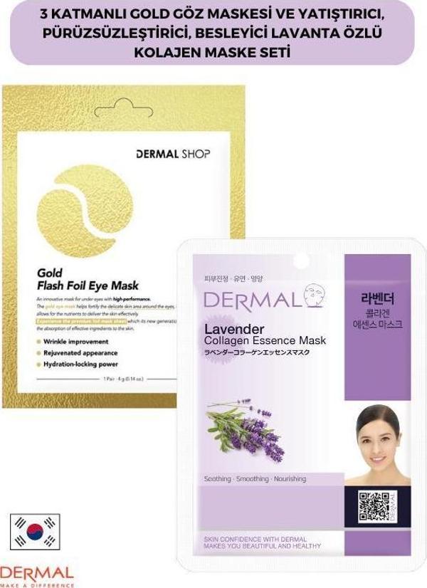 Dermal 3 Katmanlı Gold Göz Maskesi ve Yatıştırıcı, Pürüzsüzleştirici, Besleyici Lavanta Özlü Kolajen Maske Seti 2 Adet - Image 1