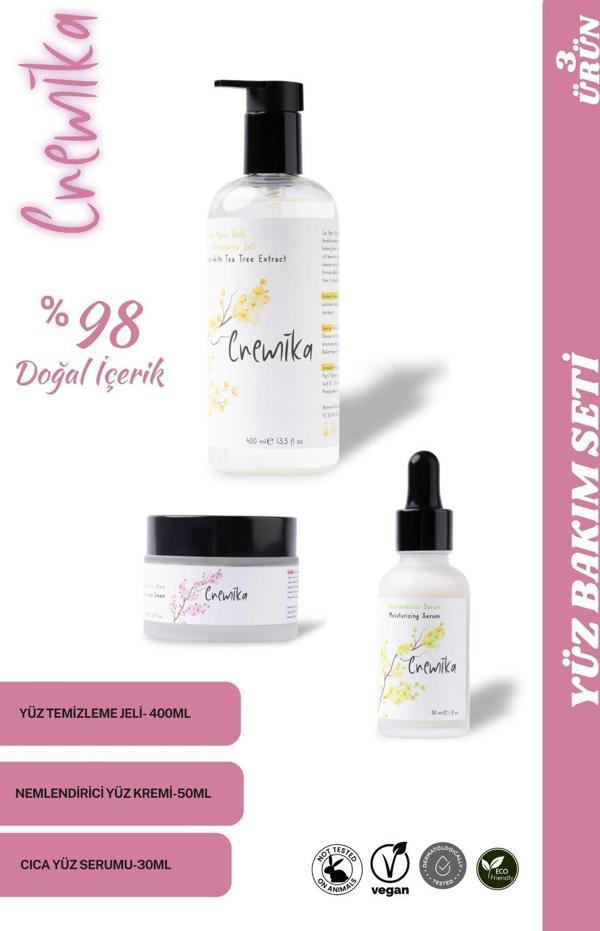 Cremika 3’lü Yüz Bakım Seti-Çay Ağacı Temizleme Jeli,Ölmez Çiçek Serum,Niacinamide Nemlendirici Krem - Image 1