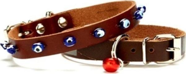 Doggie Deri Nazar Boncuklu Kedi Ve Küçük Irk Köpek Tasması 1,2X26 Cm Kahverengi Large - Image 1
