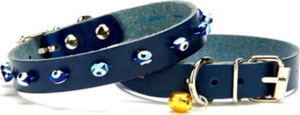 Doggie Nazar Boncuklu Kedi Ve Küçük Irk Deri Köpek Tasması 1,0X19 Cm Mavi Small - Image 1