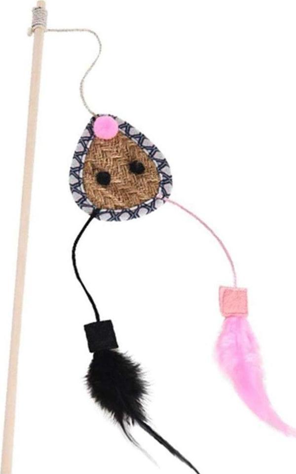 Zampa Tüylü Hasır Oyuncaklı Kedi Oltası, Kahverengi 40 Cm - Image 1