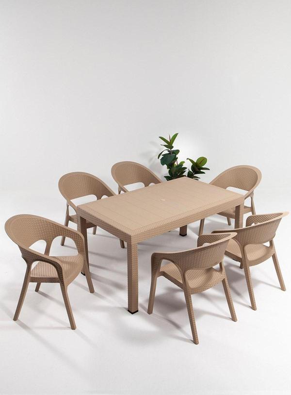 Sandalie Garden Large 90X150Cm Rattan Cappucino Masa Takımı Bahçe&Balkon - 1 Masa 6 Sandalye - Image 1