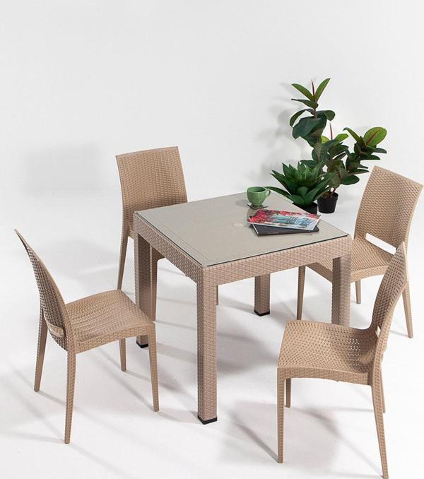 Sandalie Rattan Small Camlı Cappucino Masa Takımı Bahçe&Balkon 1 Camlı Masa 4 Sandalye - Image 1