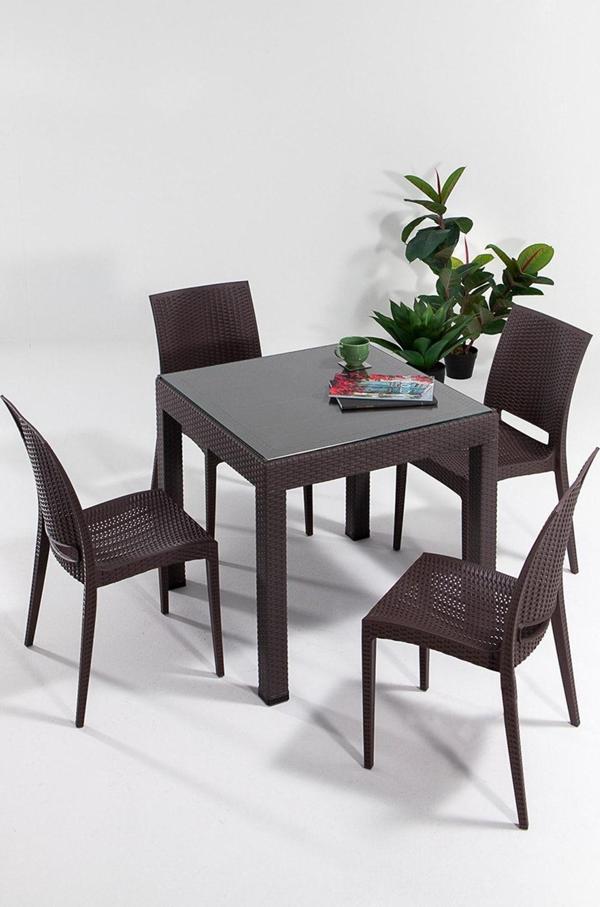 Sandalie Rattan Small Camlı Kahve Masa Takımı Bahçe&Balkon 1 Camlı Masa + 4 Sandalye - Image 1
