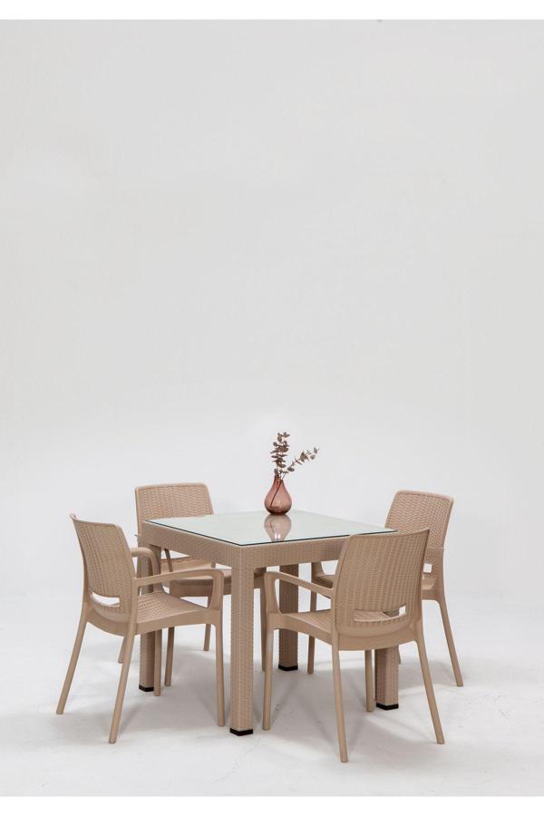 Sandalie Rattan Small Lüx Camlı Cappucino Masa Takımı Bahçe&Balkon 1 Camlı Masa 4 Sandalye - Image 1
