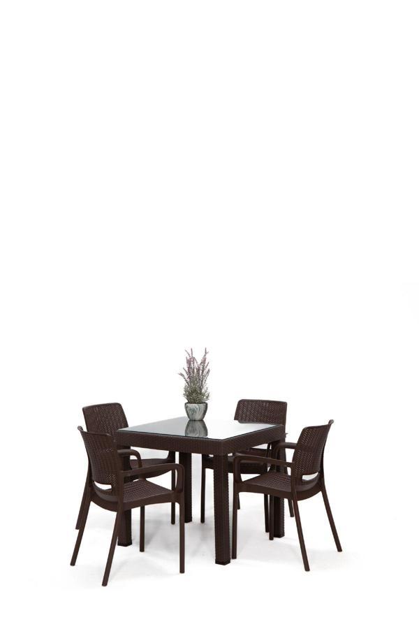Sandalie Rattan Small Lüx Camlı Kahve Masa Takımı Bahçe&Balkon 1 Camlı Masa 4 Sandalye - Image 1