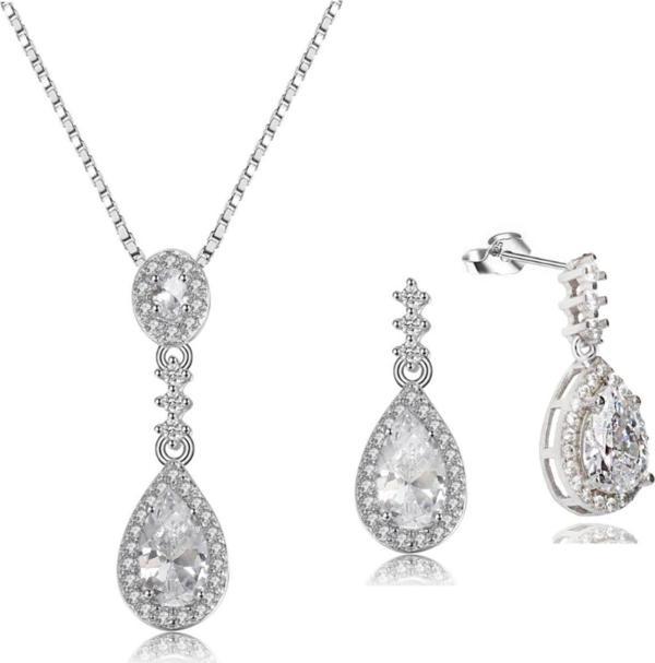 Zirkon Taşlı Işıltılı Damla Diamond Kadın Gümüş Kolye Küpe Seti - Image 1