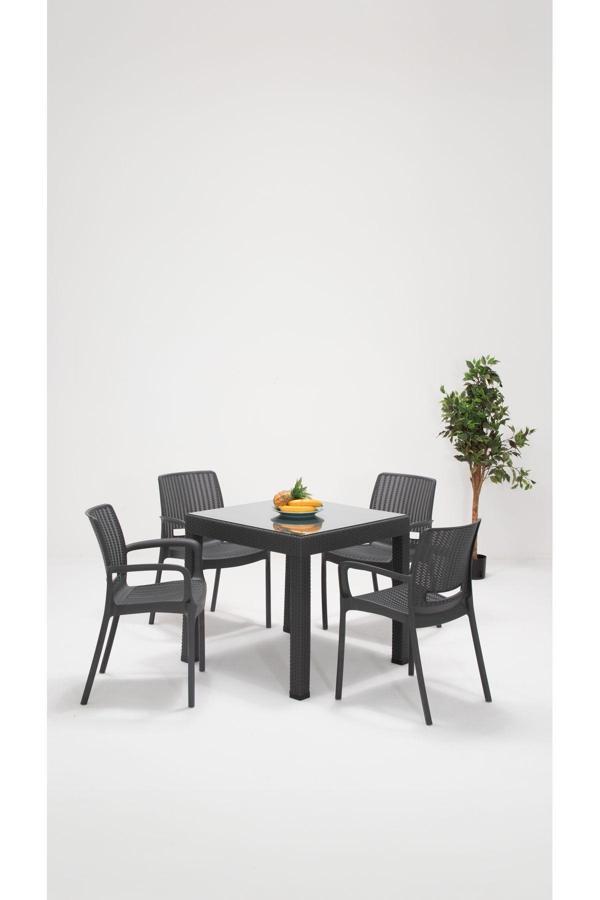 Sandalie Rattan Camlı Lüx 80X80 Bahçe&Balkon&Teras Masa Seti - Antrasit - Image 1