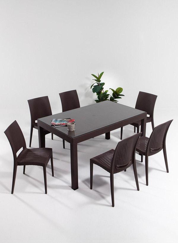 Sandalie Rattan Large Camlı Kahve Masa Takımı Bahçe&Balkon 1 Camlı Masa + 6 Sandalye - Image 1